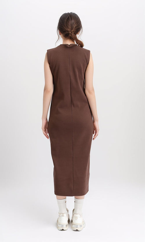 R210667 - Sleeveless Cotton Casual Midi Dress - Brown
