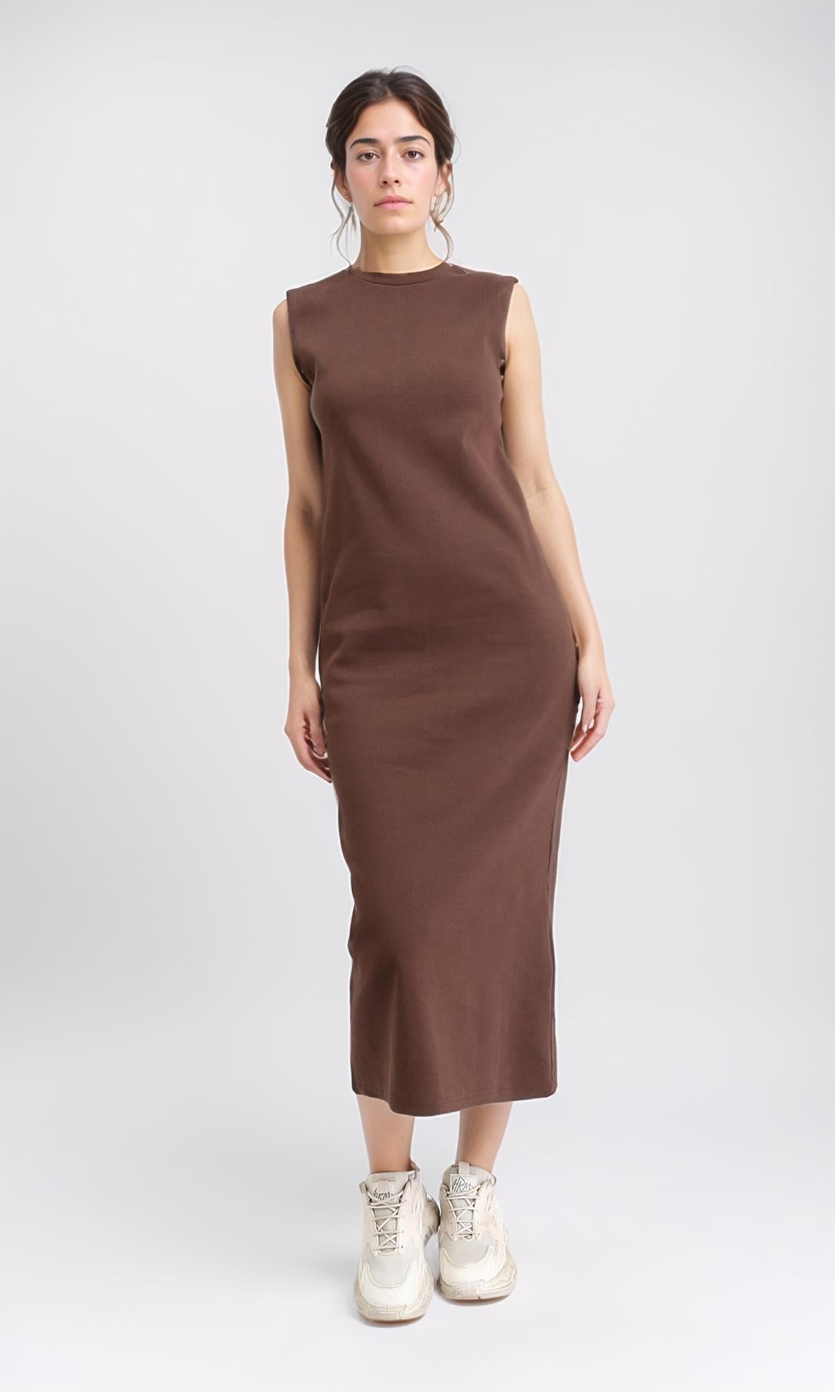 R210667 - Sleeveless Cotton Casual Midi Dress - Brown