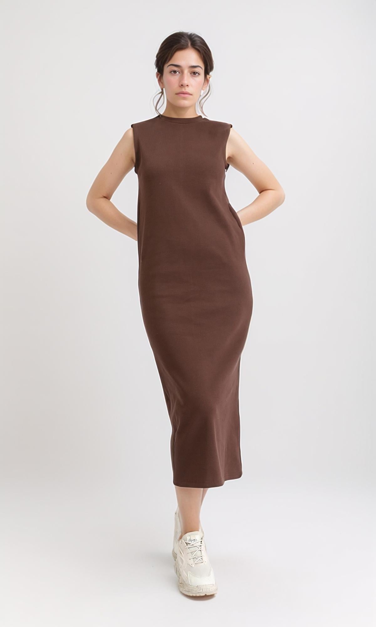 R210667 - Sleeveless Cotton Casual Midi Dress - Brown