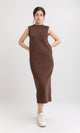 R210667 - Sleeveless Cotton Casual Midi Dress - Brown