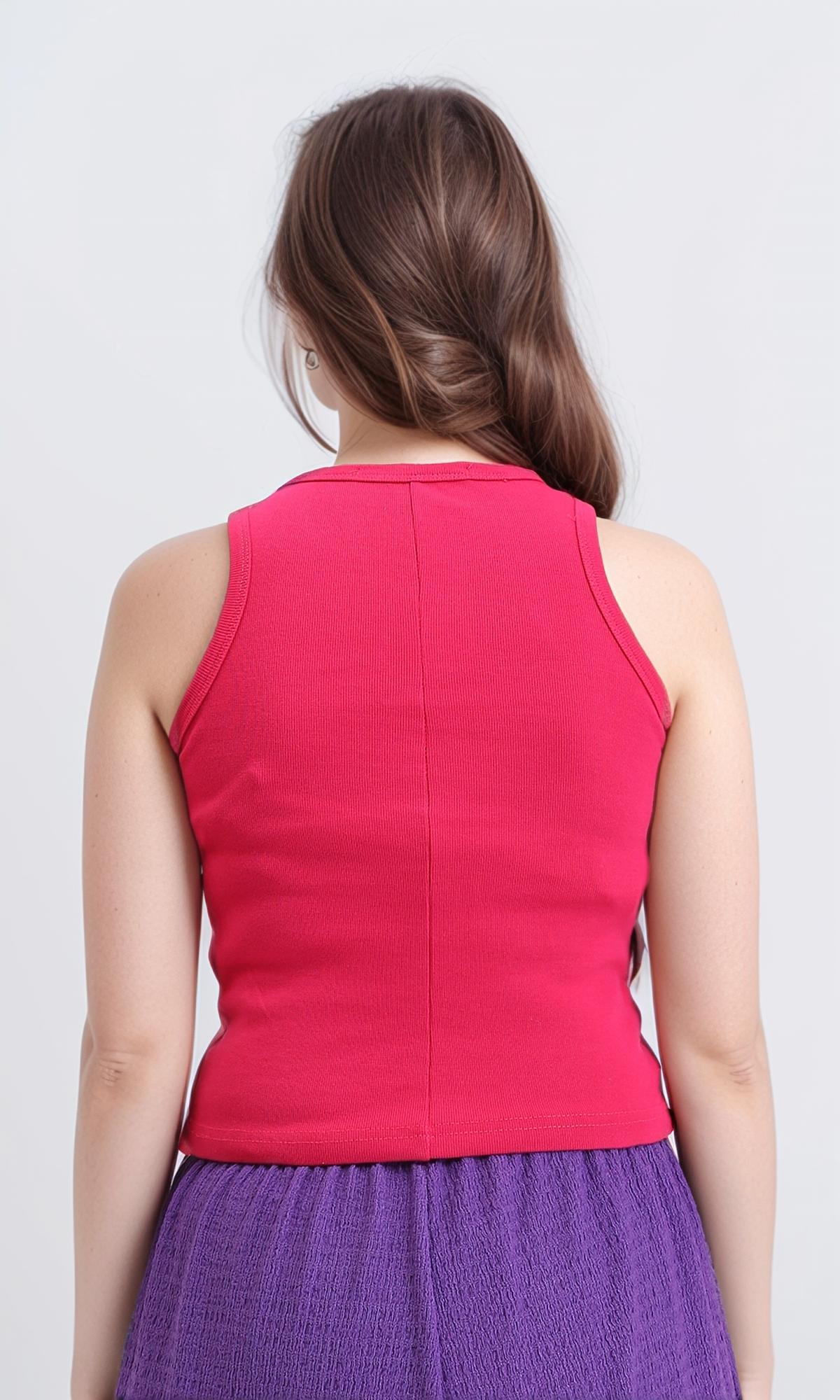 R210674 - Round Neck Sleeveless Cotton Tank Top - Fuchsia