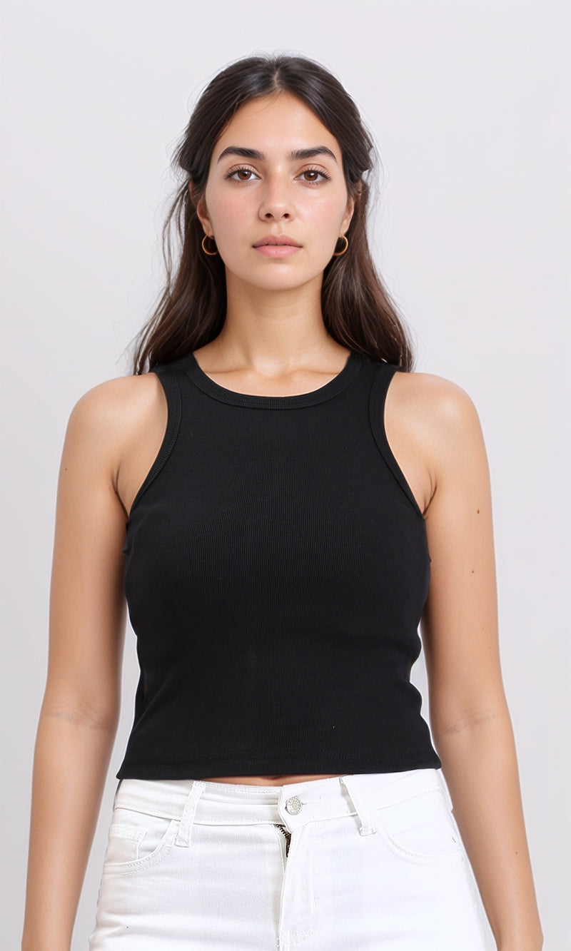 R210676 - Round Neck Sleeveless Cotton Tank Top - Black