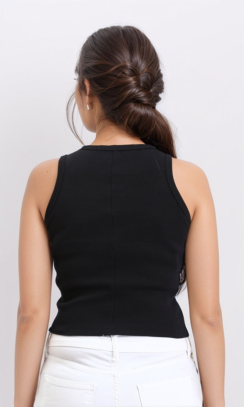 R210676 - Round Neck Sleeveless Cotton Tank Top - Black