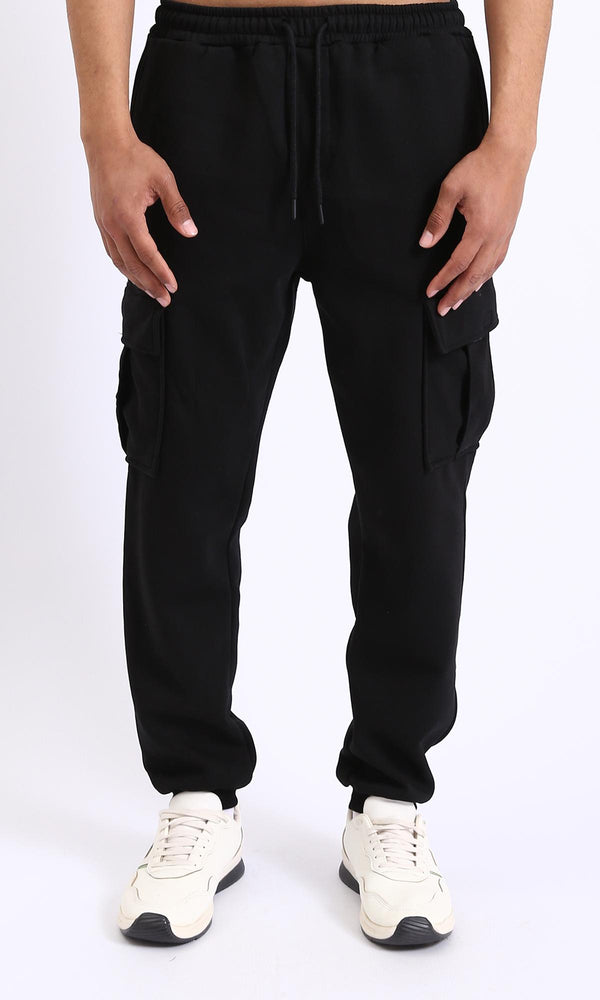R210688 - Elastic Waist Slip On Casual Cargo Pants - Black