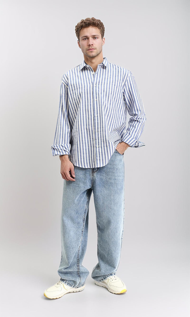 R210695 - Striped Buttoned Down Casual Shirt - Navy Blue & White