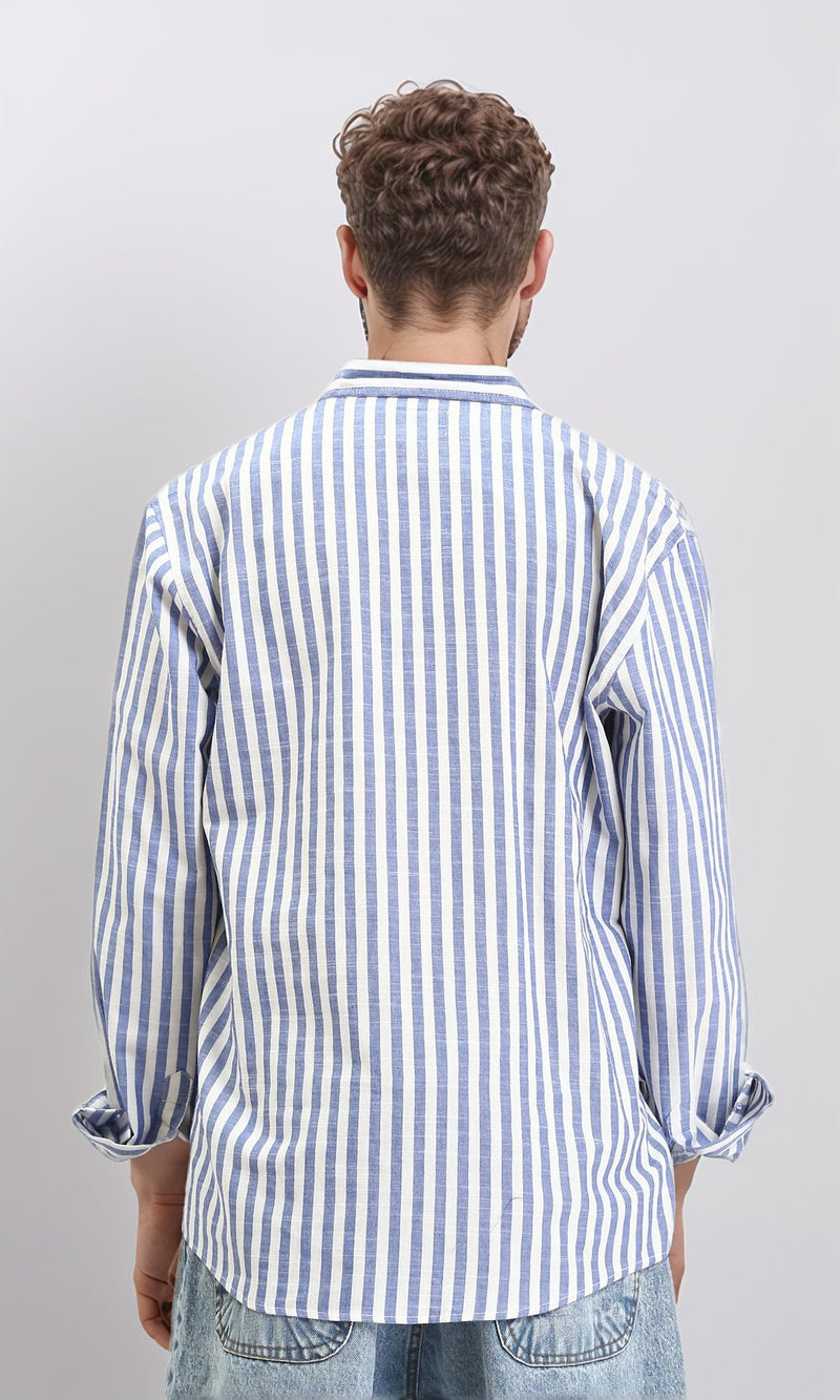 R210695 - Striped Buttoned Down Casual Shirt - Navy Blue & White
