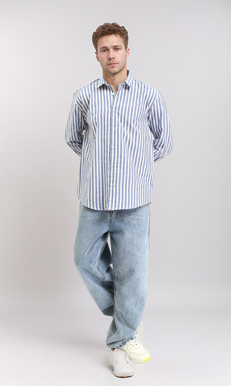 R210695 - Striped Buttoned Down Casual Shirt - Navy Blue & White