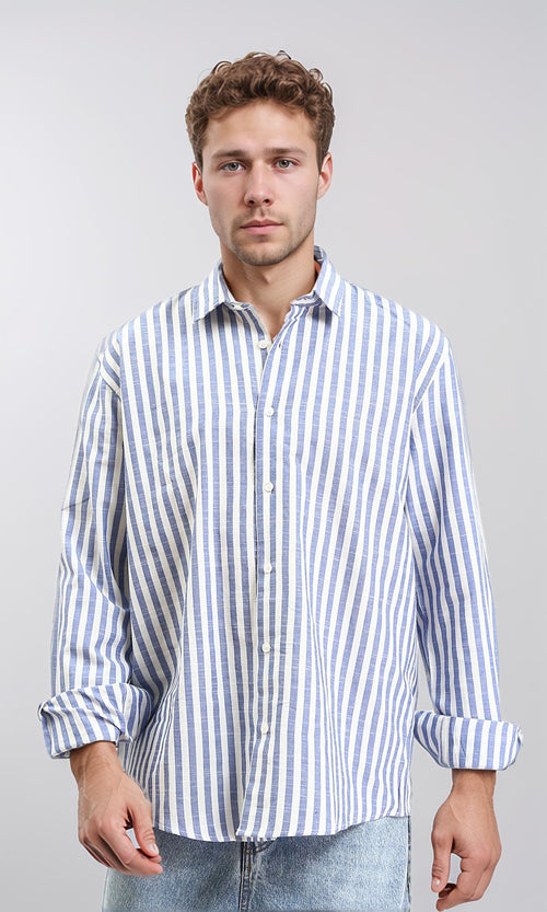 R210695 - Striped Buttoned Down Casual Shirt - Navy Blue & White