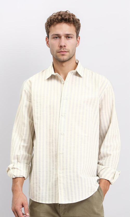 R210696 - Striped Buttoned Down Casual Shirt - Light Yellow & Light Grey