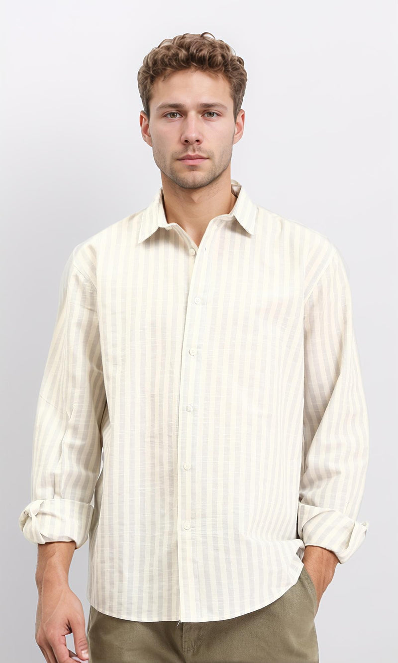 R210696 - Striped Buttoned Down Casual Shirt - Light Yellow & Light Grey