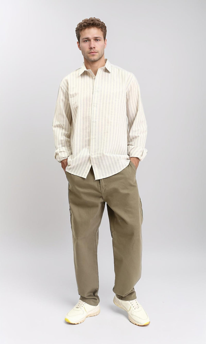 R210696 - Striped Buttoned Down Casual Shirt - Light Yellow & Light Grey