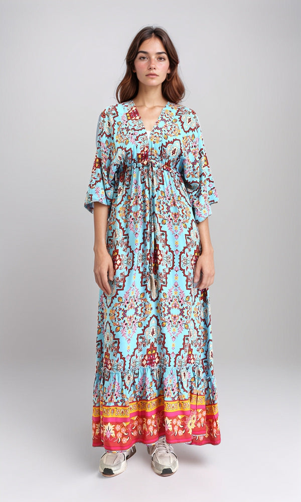 R210699 - Wide V-Neck Slip On Patterned Dress - Sky Blue & Red