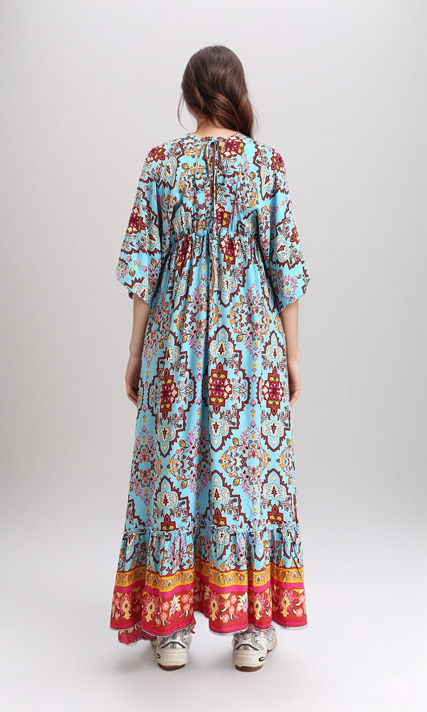 R210699 - Wide V-Neck Slip On Patterned Dress - Sky Blue & Red