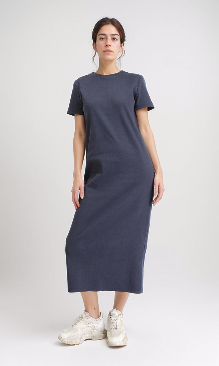 Short Sleeves Solid Midi Dress - Dark Grey