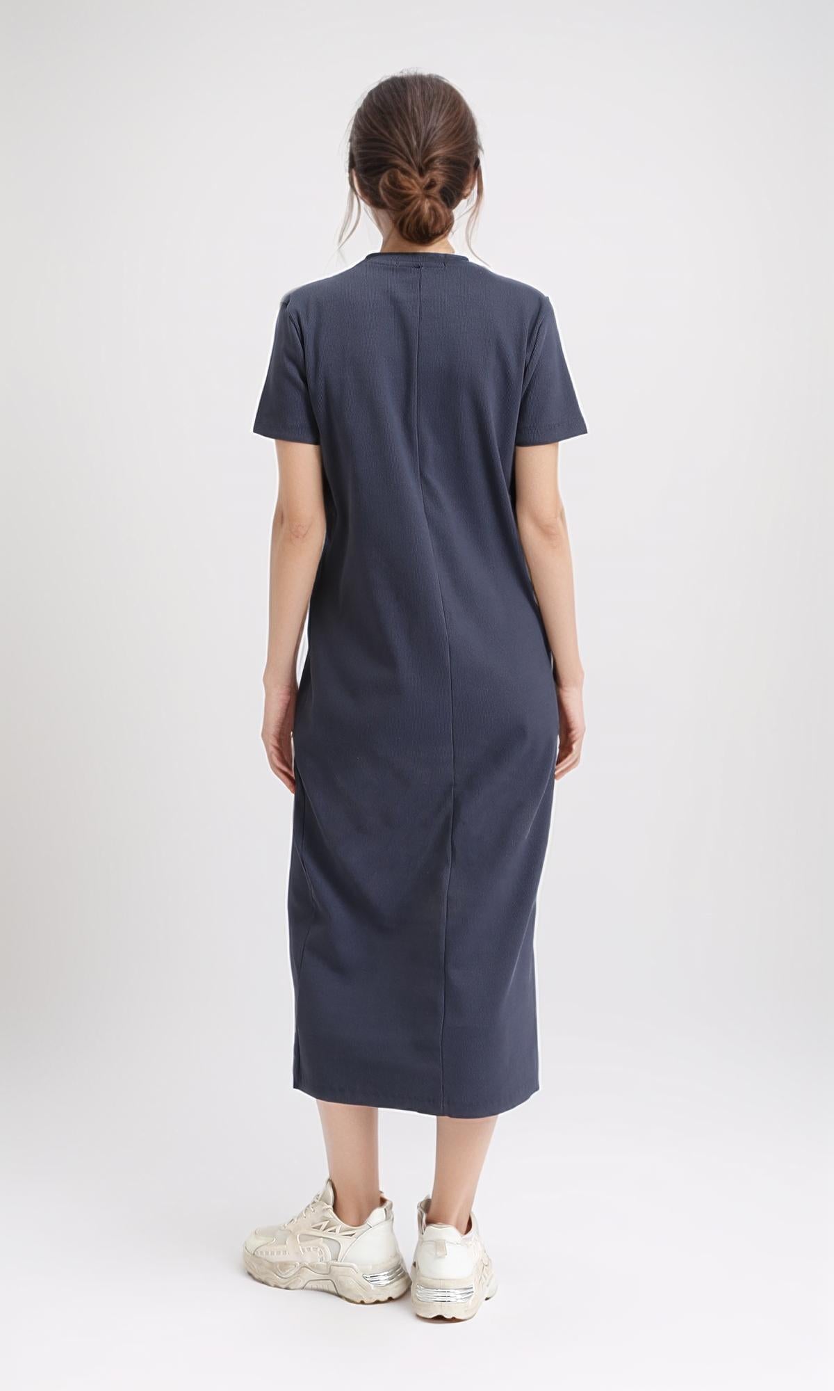R210700 - Short Sleeves Solid Midi Dress - Dark Grey