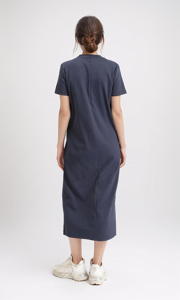 R210700 - Short Sleeves Solid Midi Dress - Dark Grey