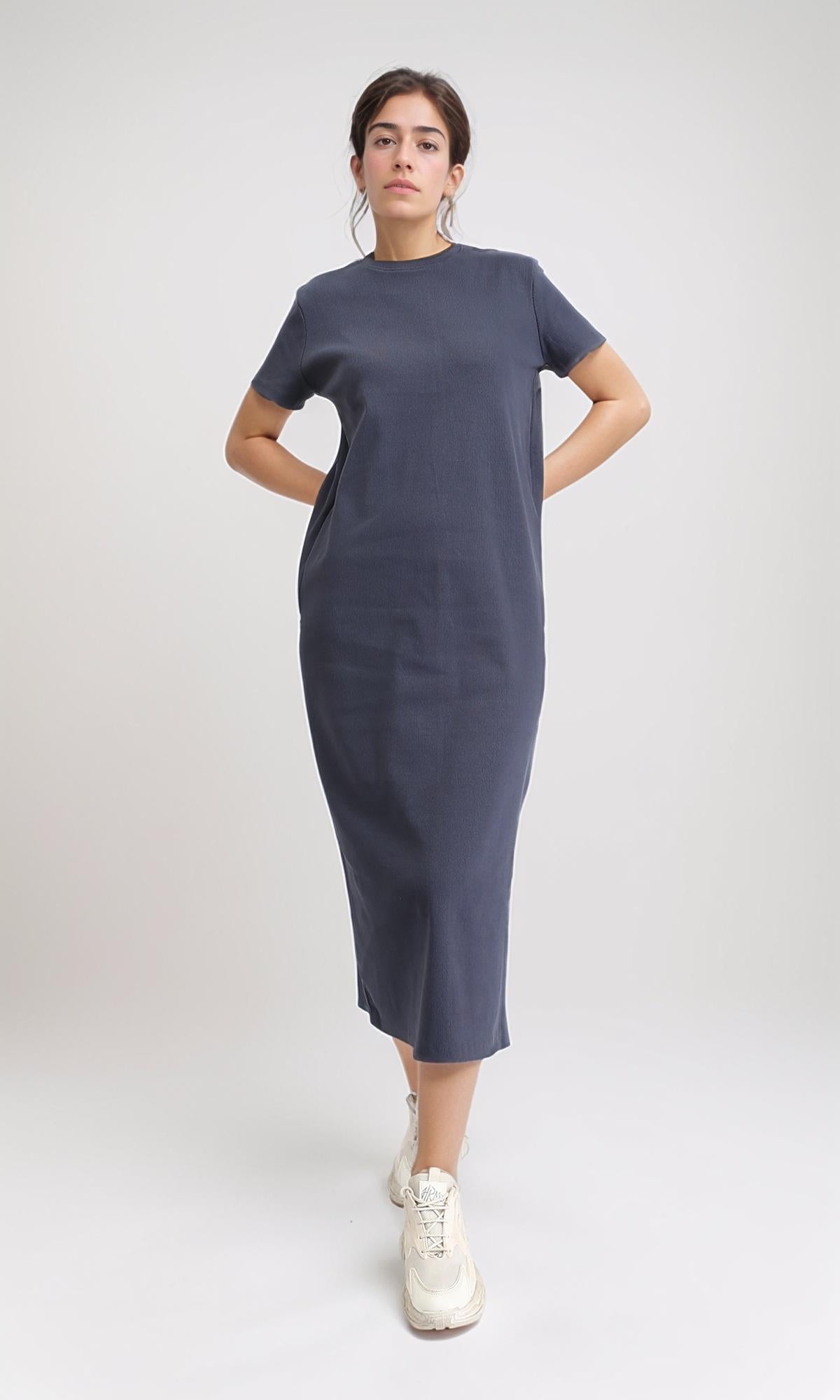 R210700 - Short Sleeves Solid Midi Dress - Dark Grey