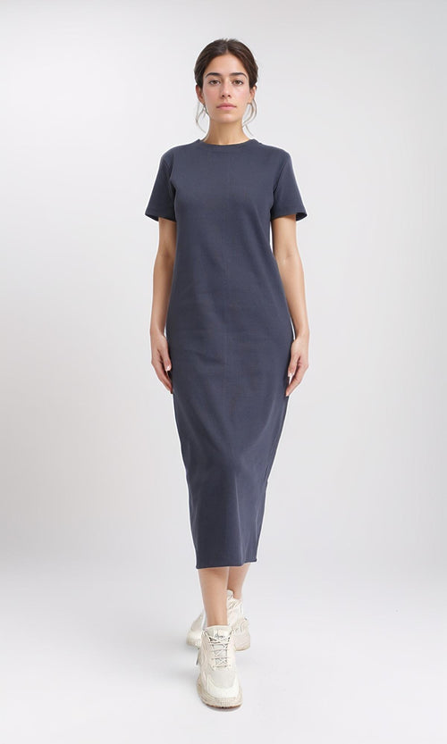 R210700 - Short Sleeves Solid Midi Dress - Dark Grey
