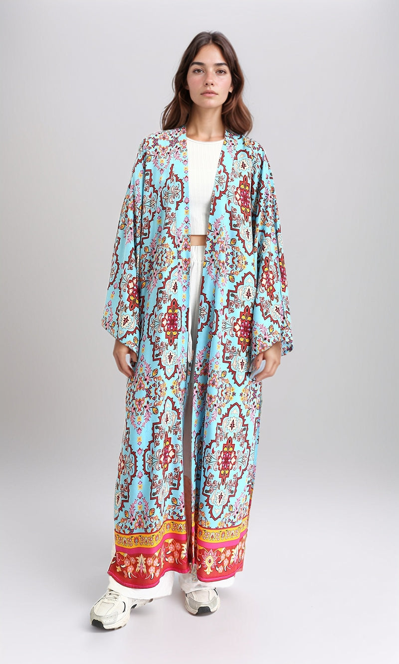 R210704 - Open Neckline Patterned Long Cardigan - Sky Blue & Red