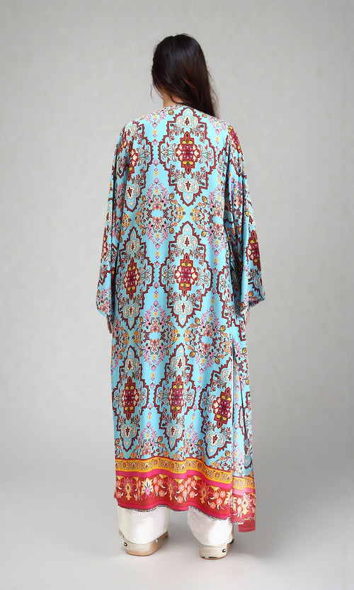 R210704 - Open Neckline Patterned Long Cardigan - Sky Blue & Red