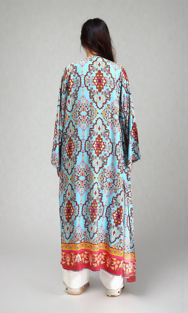 R210704 - Open Neckline Patterned Long Cardigan - Sky Blue & Red
