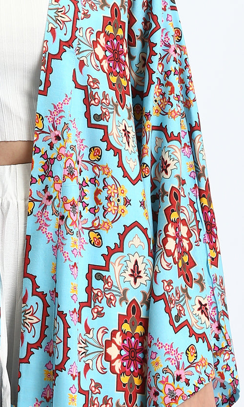 R210704 - Open Neckline Patterned Long Cardigan - Sky Blue & Red