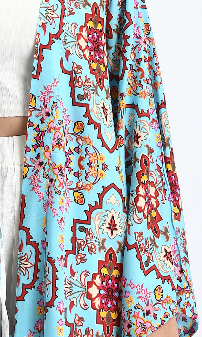 R210704 - Open Neckline Patterned Long Cardigan - Sky Blue & Red