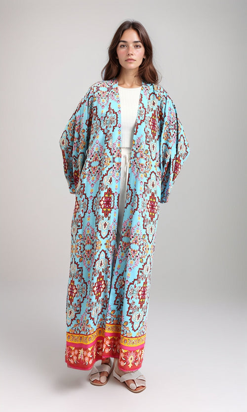 R210704 - Open Neckline Patterned Long Cardigan - Sky Blue & Red