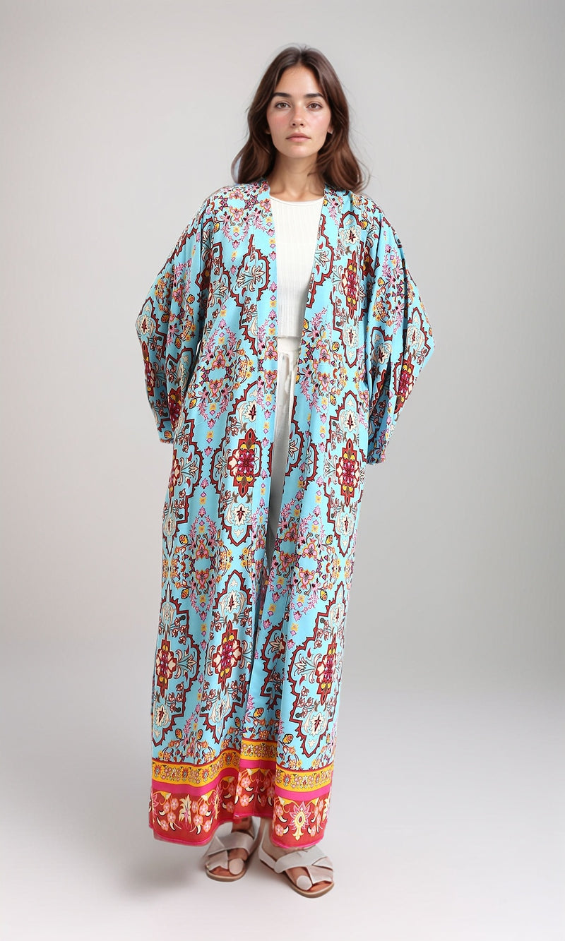 R210704 - Open Neckline Patterned Long Cardigan - Sky Blue & Red