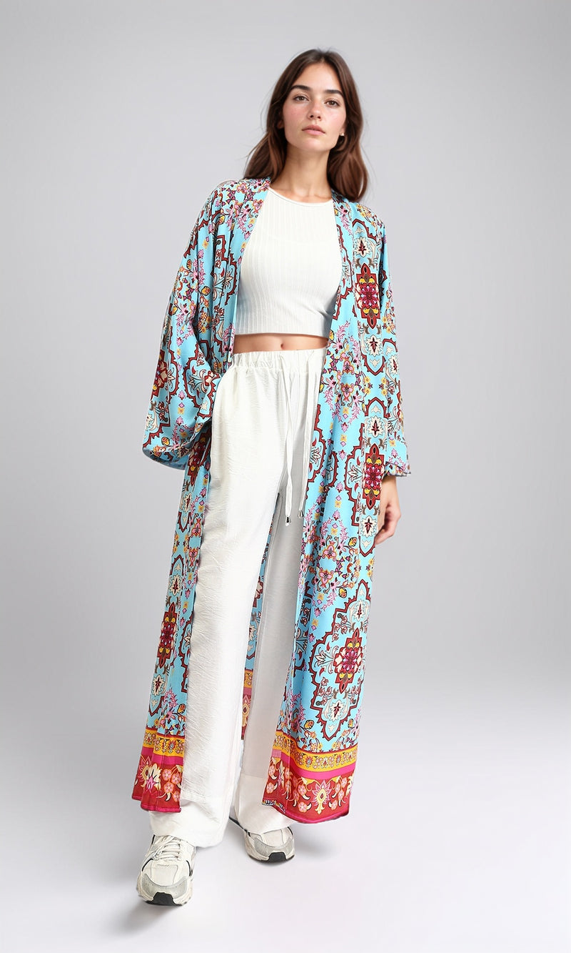 R210704 - Open Neckline Patterned Long Cardigan - Sky Blue & Red