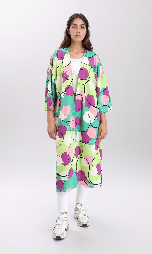 R210705 - Open Neckline Patterned Cardigan - Green & Magenta