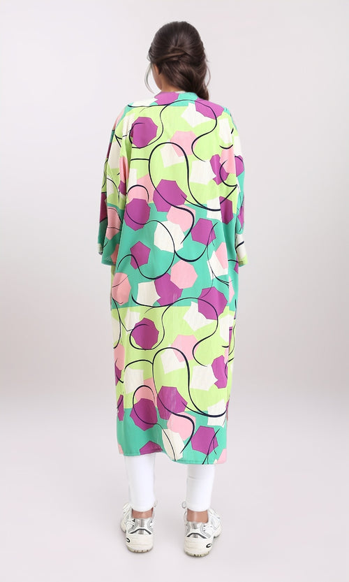 R210705 - Open Neckline Patterned Cardigan - Green & Magenta