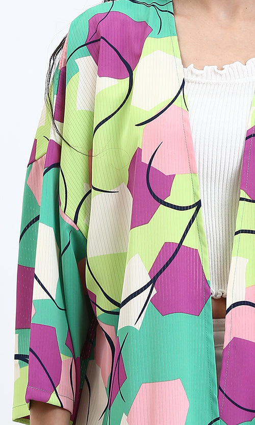 R210705 - Open Neckline Patterned Cardigan - Green & Magenta