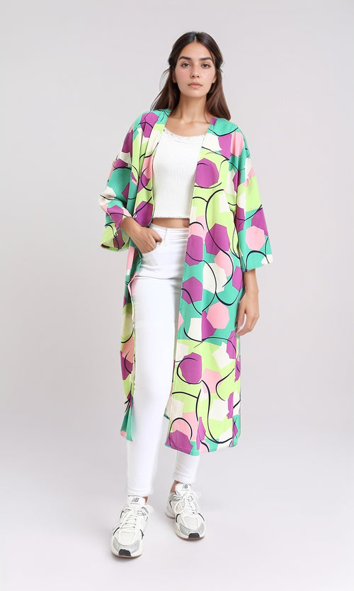 R210705 - Open Neckline Patterned Cardigan - Green & Magenta