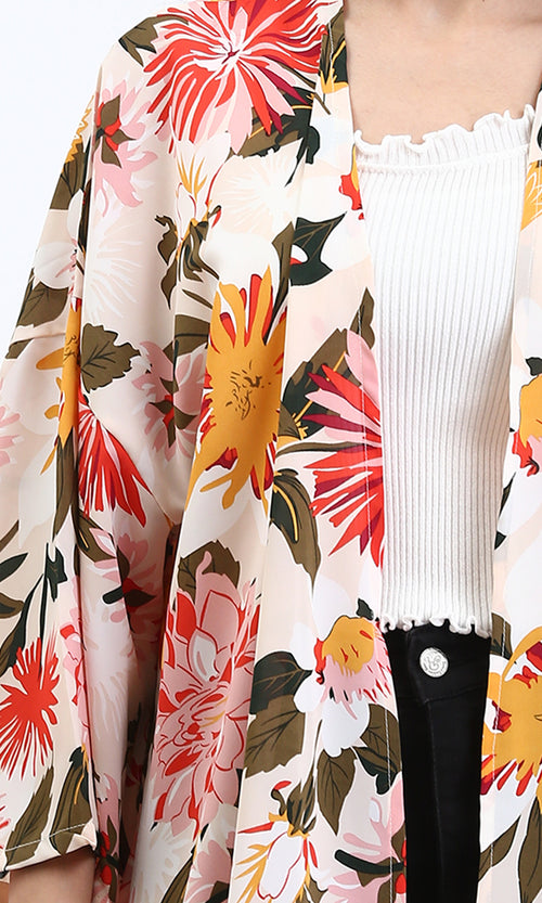 R210706 - Open Neckline Colorful Floral Cardigan - Simon & Orange