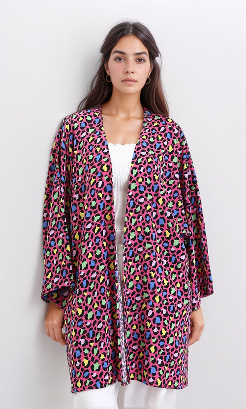 R210708 - Leopard Long Sleeves Colorful Cardigan - Fuchsia