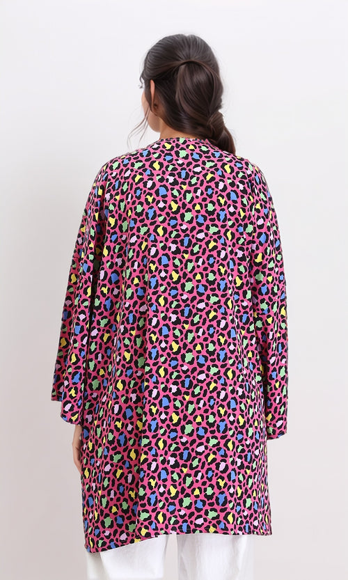 R210708 - Leopard Long Sleeves Colorful Cardigan - Fuchsia