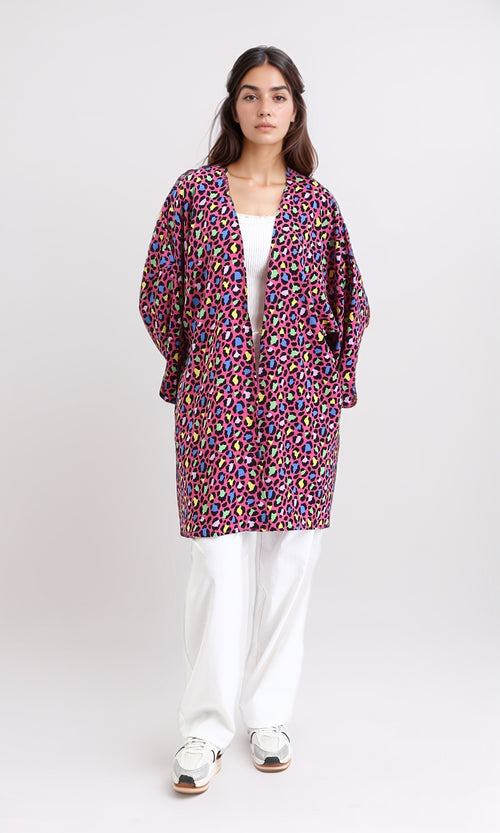 R210708 - Leopard Long Sleeves Colorful Cardigan - Fuchsia