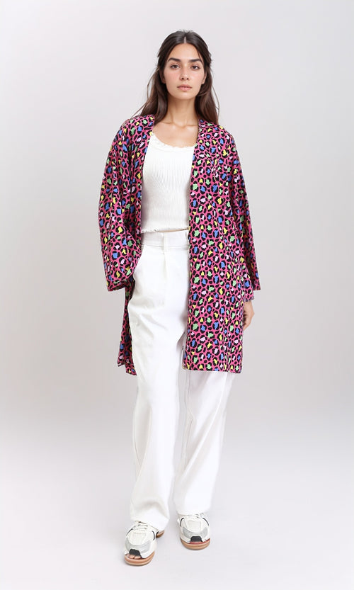 R210708 - Leopard Long Sleeves Colorful Cardigan - Fuchsia