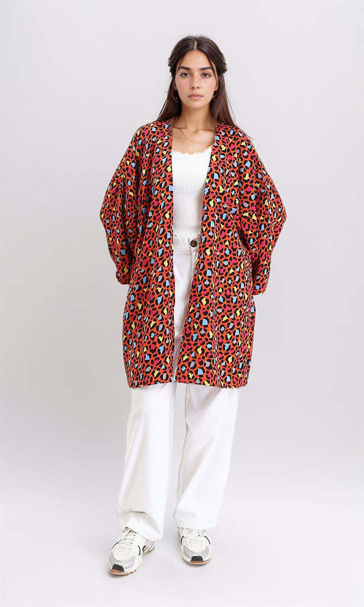 R210709 - Leopard Long Sleeves Colorful Cardigan - Orange