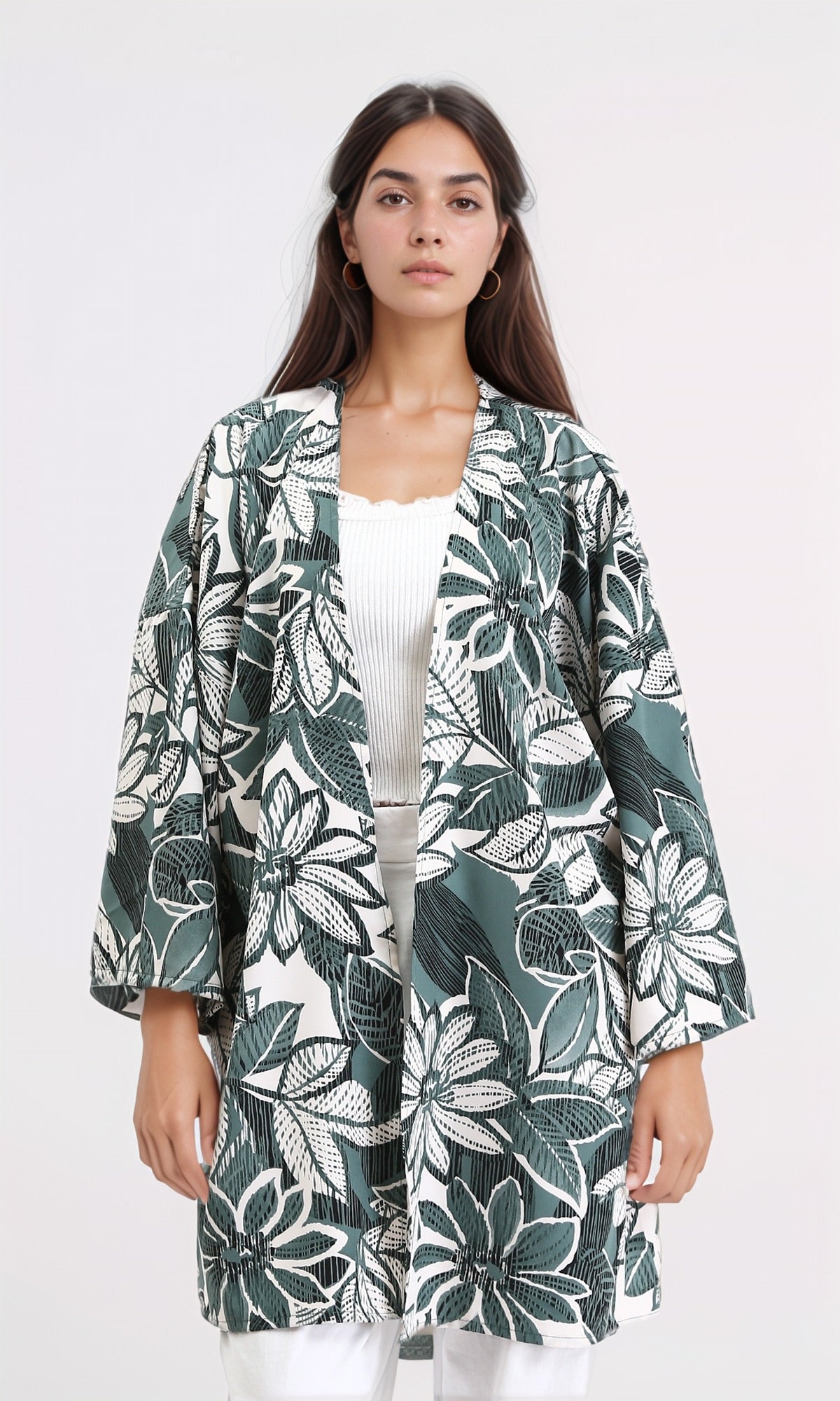 Floral Long Sleeves Comfy Cardigan - Dark Mint & White