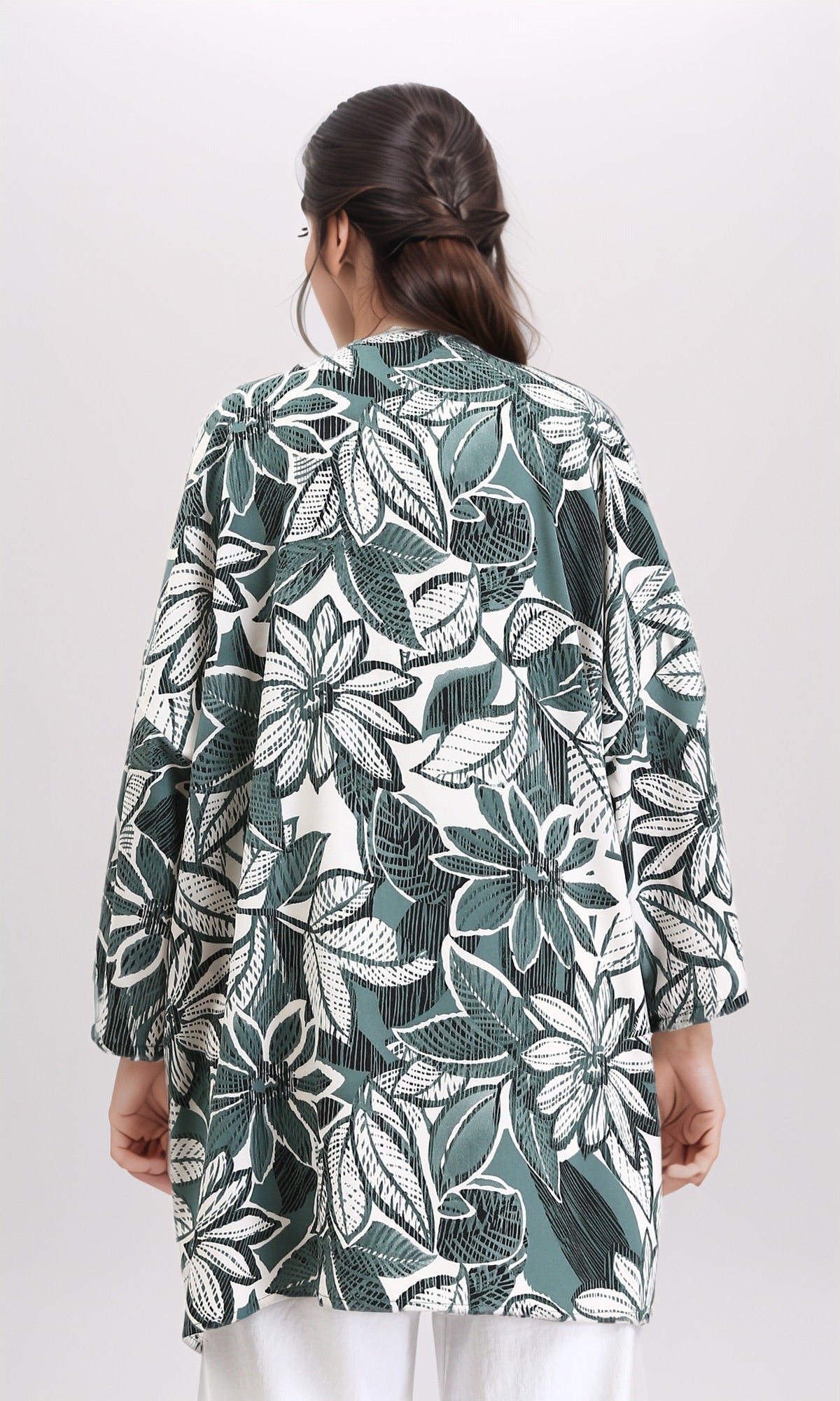R210711 - Floral Long Sleeves Comfy Cardigan - Dark Mint & White