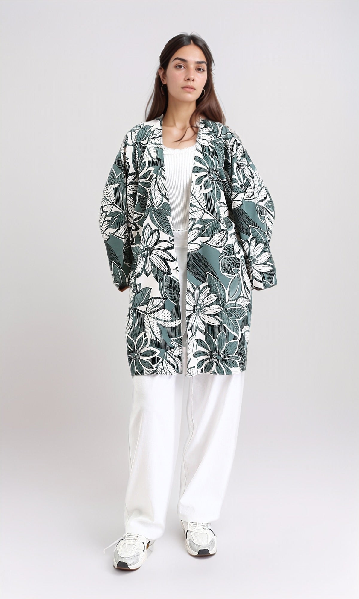 R210711 - Floral Long Sleeves Comfy Cardigan - Dark Mint & White