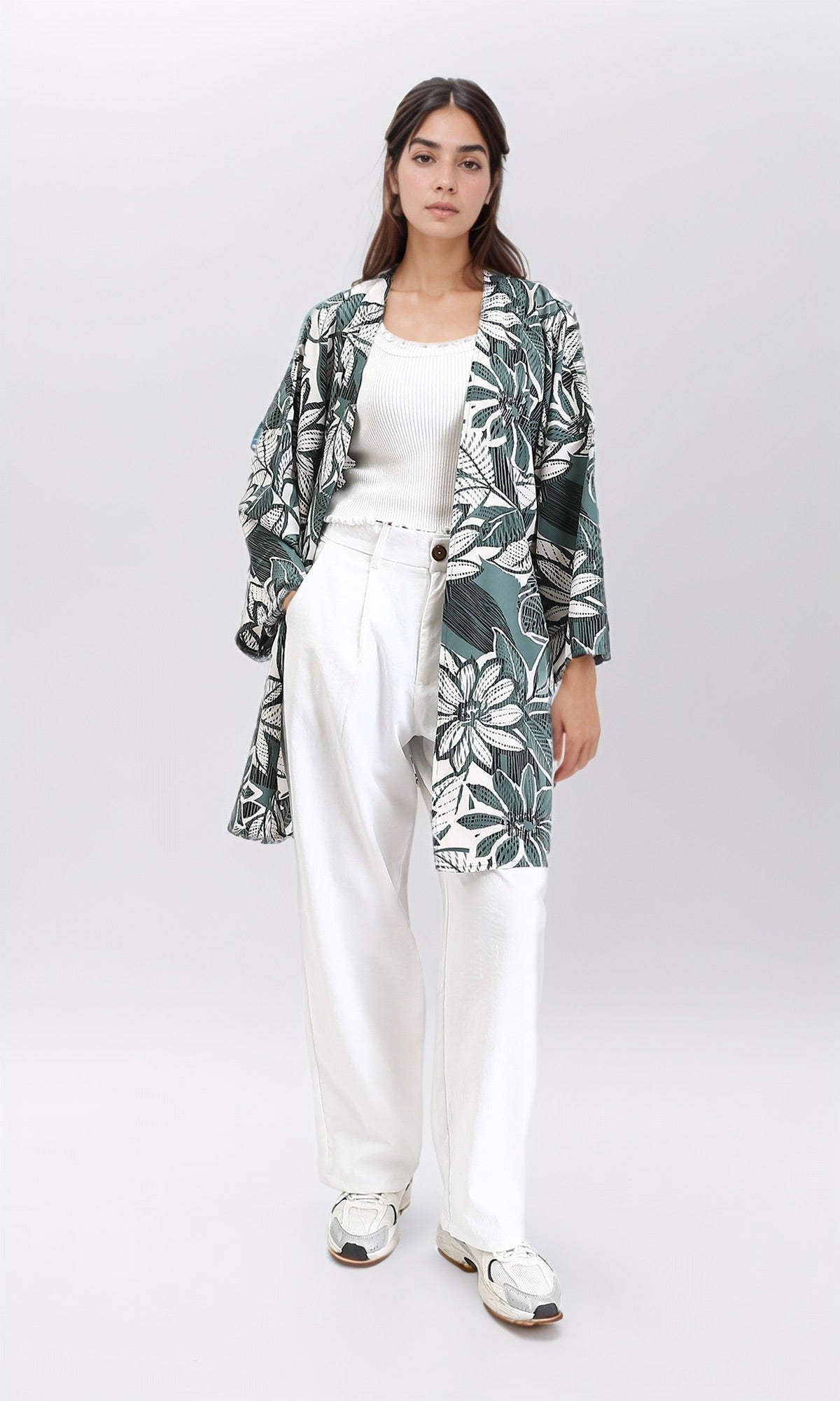 R210711 - Floral Long Sleeves Comfy Cardigan - Dark Mint & White