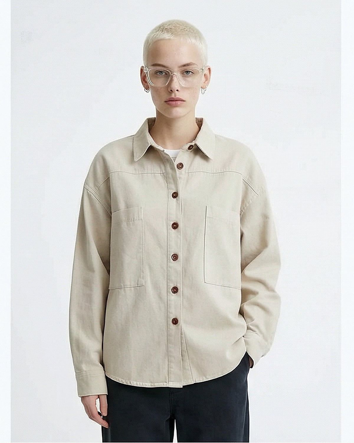 Solid Casual Shirt with Front Pockets - Dark Beige