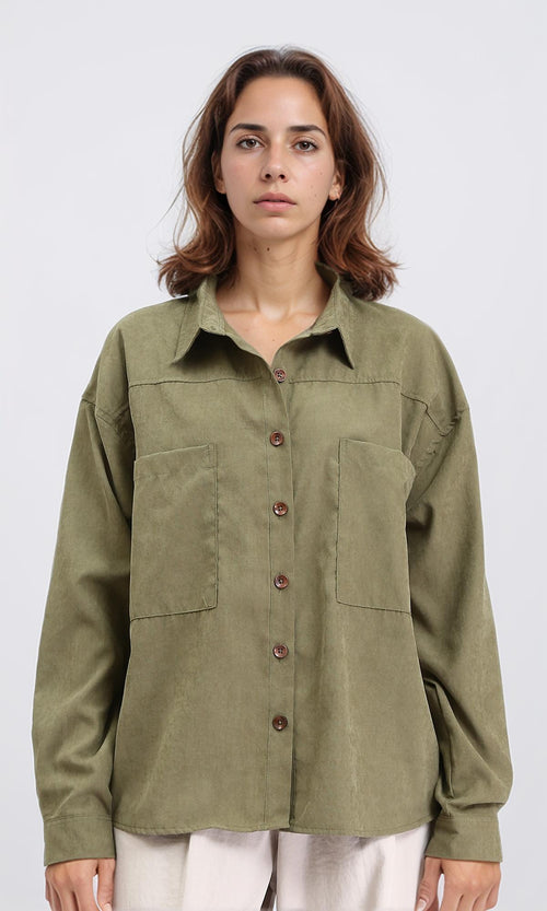 R210718 - Solid Casual Shirt with Front Pockets - Dark Olive