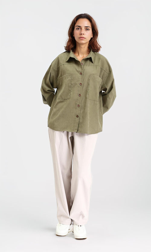 R210718 - Solid Casual Shirt with Front Pockets - Dark Olive