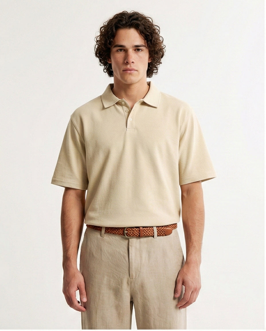 Solid Elbow Sleeves Polo Shirt - Sand