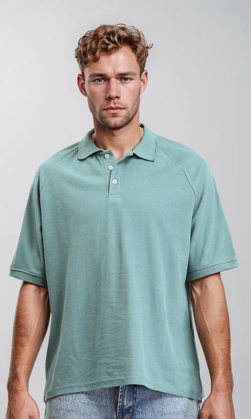 R210781 - Buttoned Neck Elbow Sleeves Polo Shirt - Dark Mint