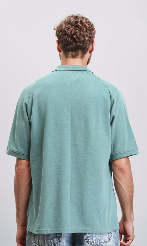 R210781 - Buttoned Neck Elbow Sleeves Polo Shirt - Dark Mint